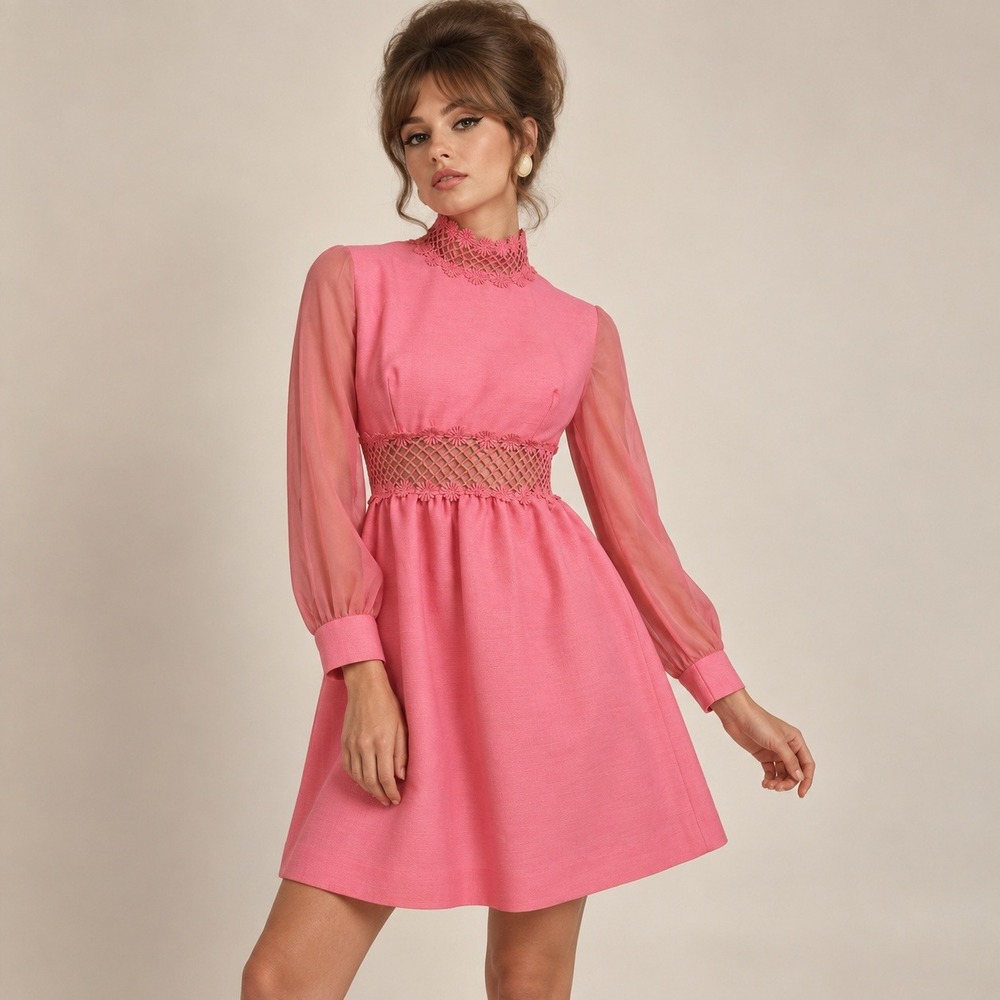 Vintage Mini Dress Women XS Pink 60s Sheer Sleeve Mod Victorian Edwardian boho